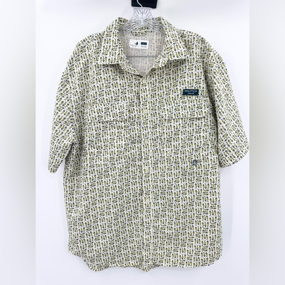 Nautica Angler Short Sleeve Button Down Fishing Pattern Shirt Men's Size Large
